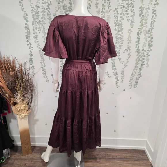 City Chic Sweetness Maxi Tiered Dress Oxblood Faux Wrap Belt Size L 20 NWT - Picture 6 of 9
